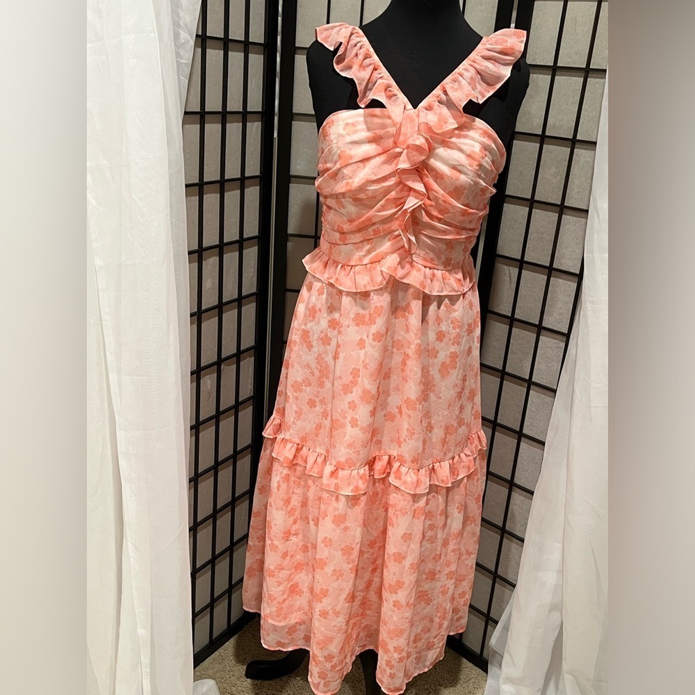 Grace Karin Coral and Pink FLORAL BOHO HALTER NECK SUMMER TIERED DRESS SIZE L